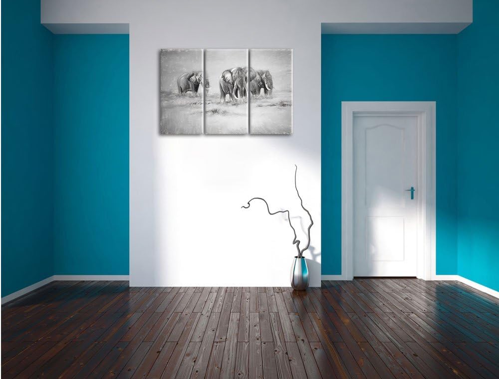 Pixxprint Elefanten in Südafrika / 3-Teilig/Gesamtmass 120cm Leinwandbild bespannt auf Holzrahmen/Wa