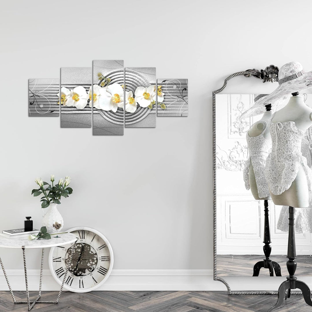 Runa Art Wandbilder Blumen Orchidee 5 Teilig Bild auf Vlies Leinwand Deko Wohnzimmer Sand Grau Gelb