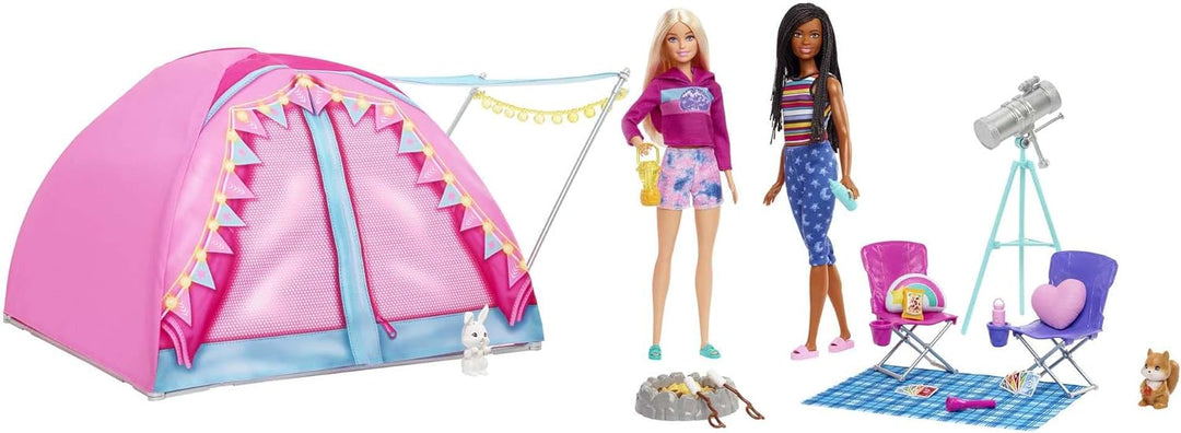 Barbie HGC18 - Barbie „Abenteuer zu zweit“ Camping-Spielset mit Zelt, 2 Barbie-Puppen und 20 Zubehör