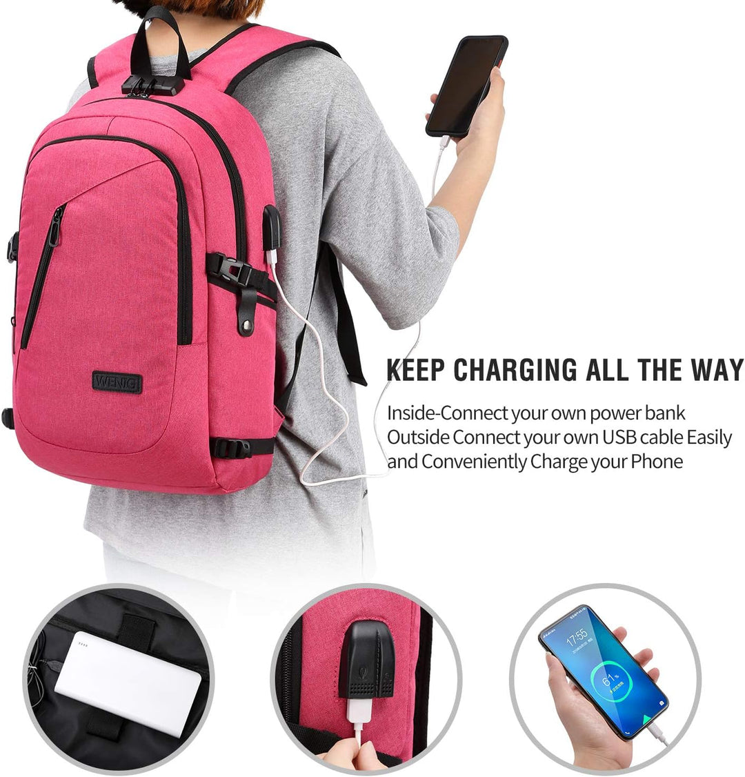 WENIG Rucksack Laptop für Damen Frauen Mädchen Schulrucksack mit USB-Ladeanschluss 15.6" Rosa, 15.6"
