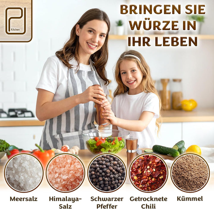 Salz- und Pfeffermühlen Set aus Akazienholz mit Tablett - 60 g pro Stück - Hohe Nachfüllbare Manuell