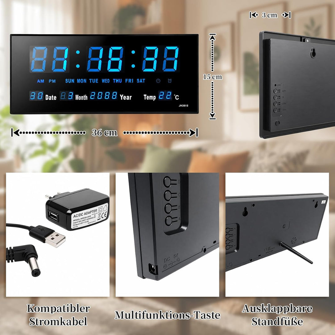 Starlet24 LED Wanduhr mit Timer Wecker Schlummer Kalender Temperatur grosse LED-Anzeige 36x15cm (JH3