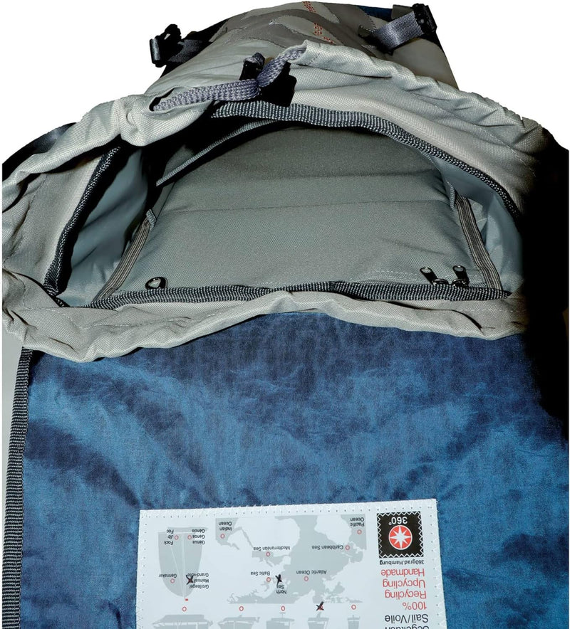 360° Grad Rucksack Landgang gross aus Segeltuch, Segel weiss-blau, Zahl hellgrau Gurt grau