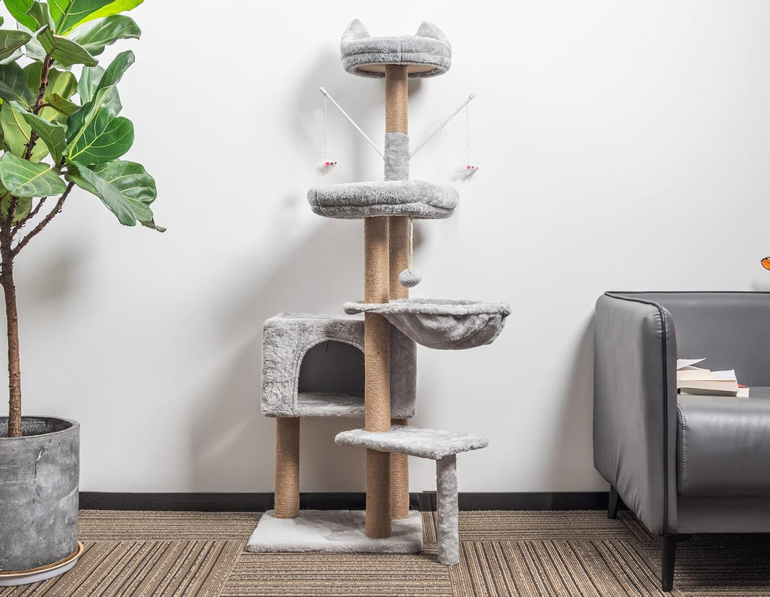 HOMIDEC Katzen Kratzbaum, 145 cm Katzenbaum Kletterturm, Kletterbaum Aktivitätskratzbäum mit Säulen