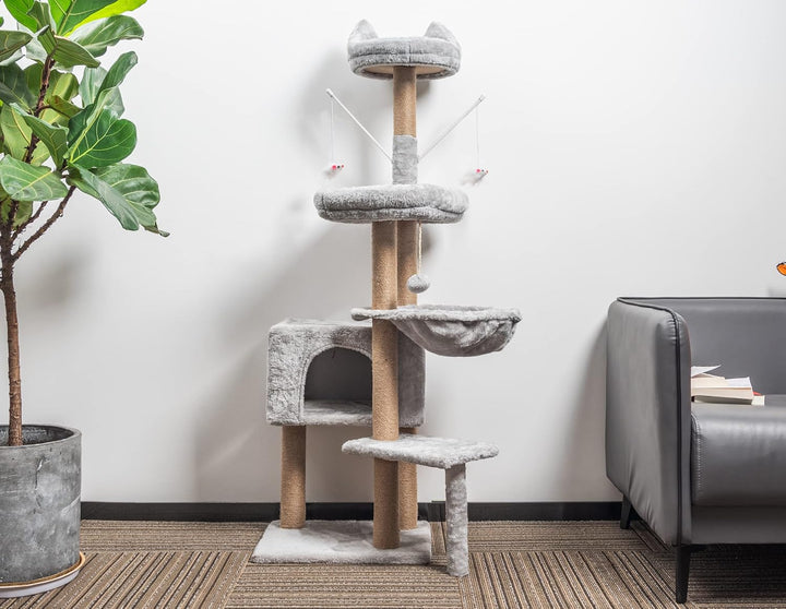 HOMIDEC Katzen Kratzbaum, 145 cm Katzenbaum Kletterturm, Kletterbaum Aktivitätskratzbäum mit Säulen