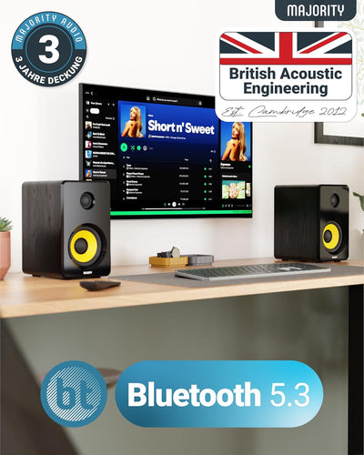 MAJORITY Aktive Regallautsprecher | Bluetooth-HiFi-Lautsprecher mit 70 Watts, gelber Kevlar-Lautspre