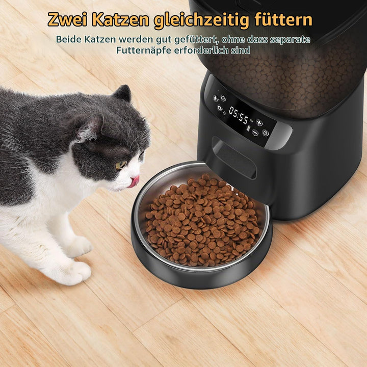 Futterautomat Katze, 4L Katzenfutter Automat mit Programmierbarem Timer und Edelstahlnapf, 1-6 Mahlz
