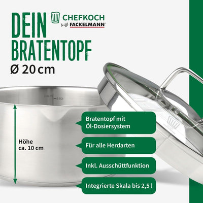 FACKELMANN Chefkoch Topf Ø20 cm München aus Edelstahl – Hochwertiger Kochtopf Ausschüttfunktion – Fü