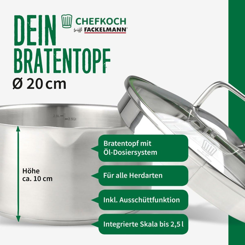 FACKELMANN Chefkoch Topf Ø20 cm München aus Edelstahl – Hochwertiger Kochtopf Ausschüttfunktion – Fü