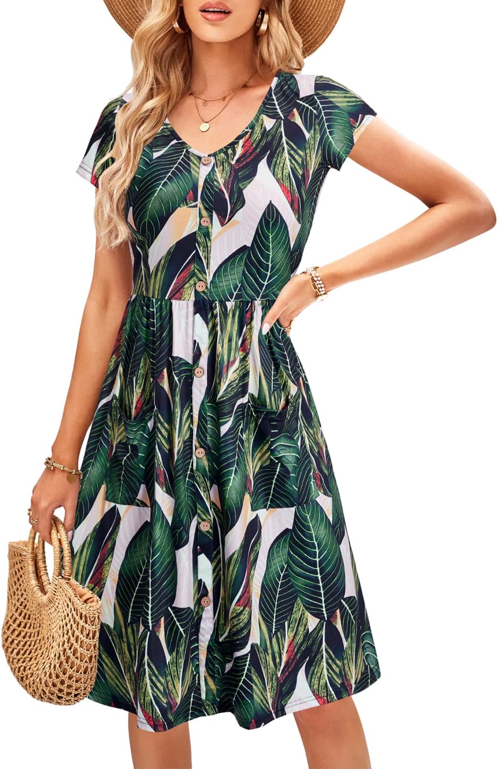 OUGES Sommerkleid Damen Casual Kleid V-Ausschnitt Midi Kleider Knopfleiste Freizeitkleid mit Taschen