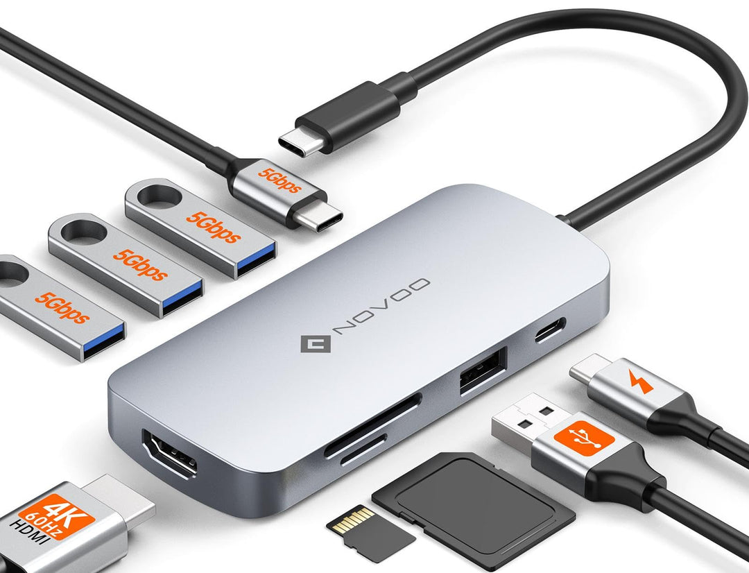 NOVOO USB C Hub 9 in 1 USB C Adapter 4K@60Hz HDMI,4*USB A+1*USB C Datenports,100W PD,SD/TF Docking S