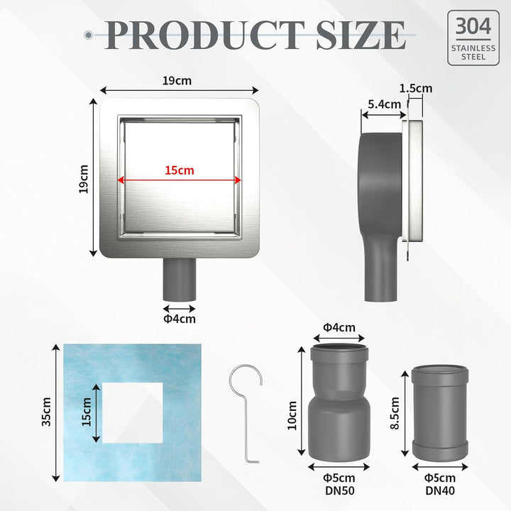 15x15cm Duschrinne Quadrat, Befliesbar Duschablauf Komplettset Edelstahl mit 360° Siphon Geruchsstop