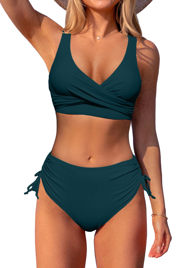 Beachsissi Damen Cross Back Badeanzüge Leopard Twist Front Bademode Kordelzug Side Bikini Sets M Bla