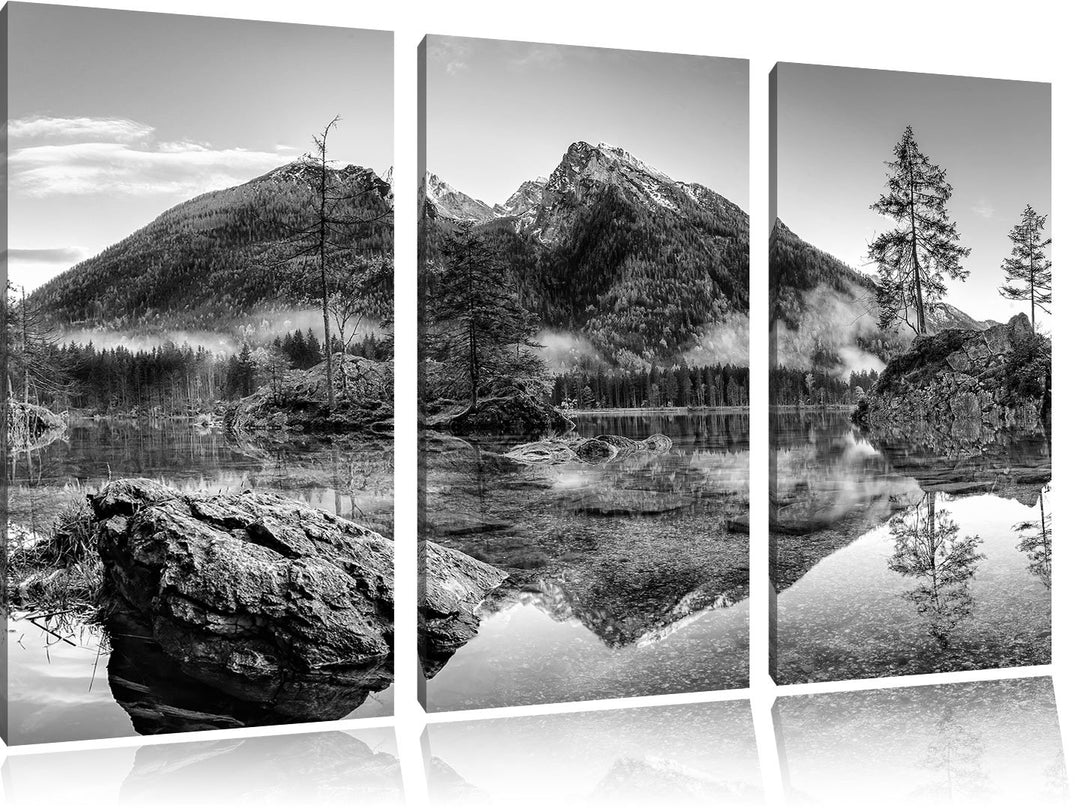 Pixxprint Sonnenaufgang am Hintersee / 3-Teilig/Gesamtmass 120cm Leinwandbild bespannt auf Holzrahme