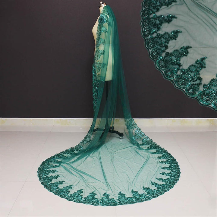 VRONIS Bridal Veil, Pailletten-Spitzenrand, eine Schicht, grüne Brautschleier mit Kamm, Kathedrale,