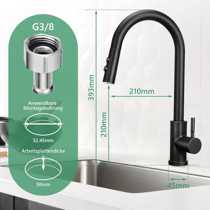 Wasserhahn Küche Schwarz Ausziehbare Küchenarmatur mit 50 cm Brauses chlauch – 360° Drehbar, 2 Sprüh