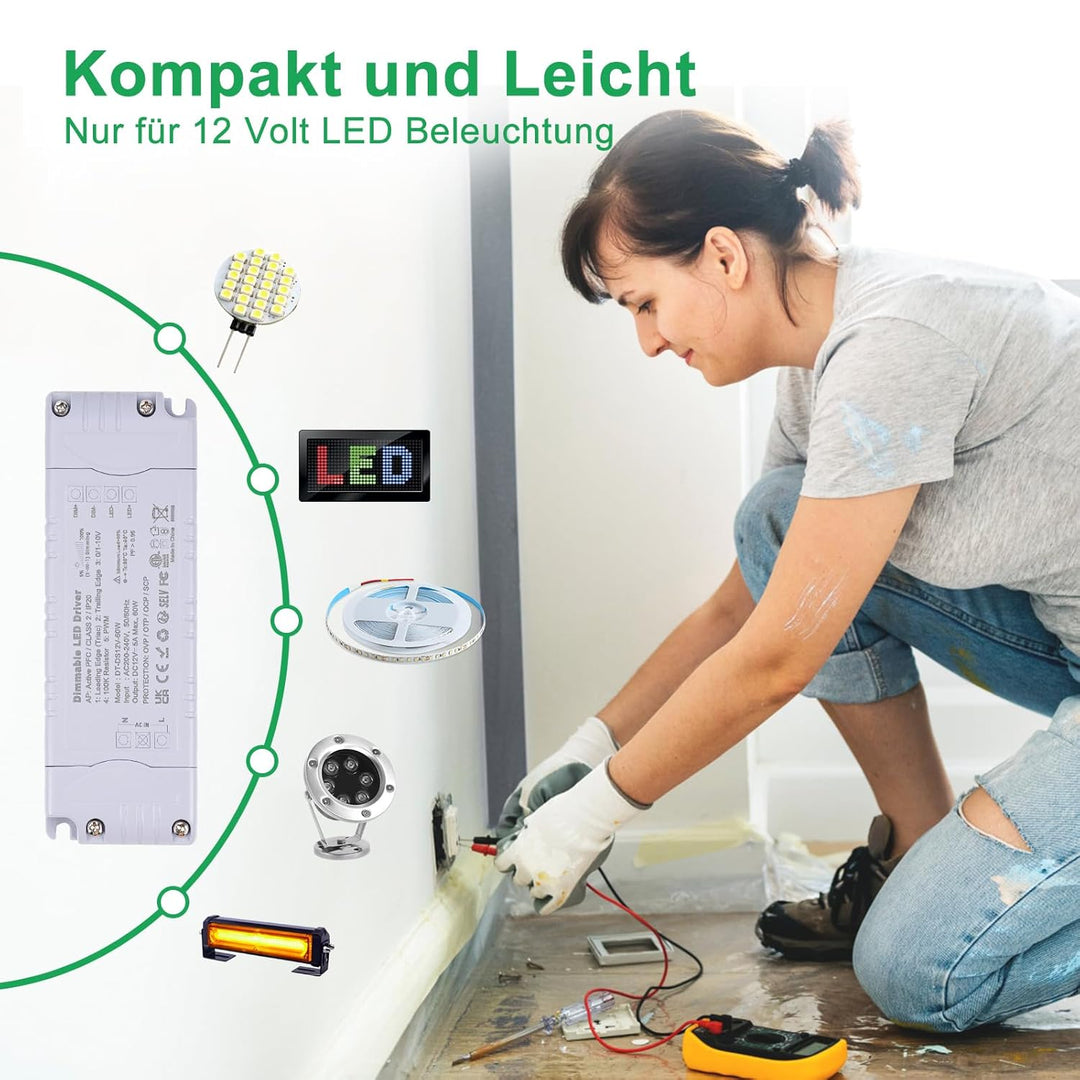 REYLAX LED Trafo 12V 60W Dimmbar Triac & 0/1-10V, 5A Dimmbar Netzteil 230V auf 12V DC Treiber Konsta