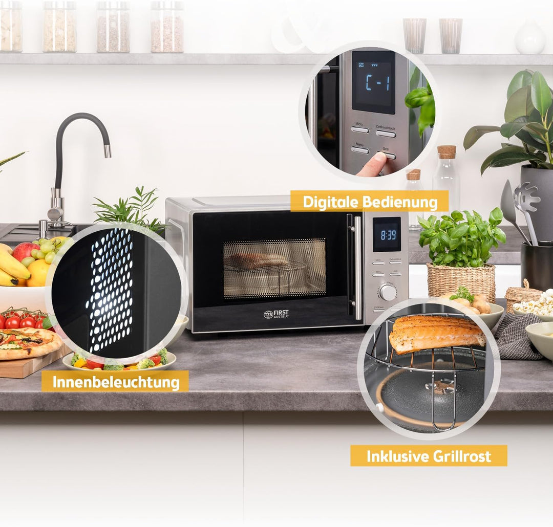 TZS First Austria 2-in-1 Mikrowelle mit Grill, 700W, 900W Grill, digital, 20L Kapazität, LED-Display