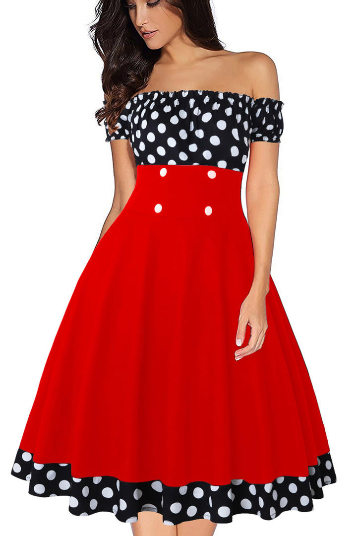 AXOE Damen Schulterfrei Kleid 50er Jahre Cocktailkleid mit Kurz Ärmel XS Rot/Schwarz, XS Rot/Schwarz