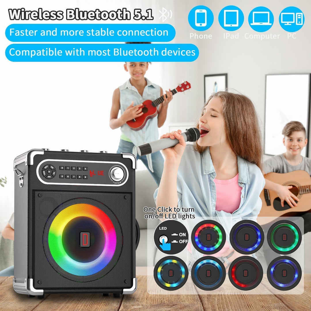 Karaoke Anlage mit 2 Mikrofonen, Tragbarer Kabelloser Lautsprecher Party Musik Box mit LED-Leuchten,