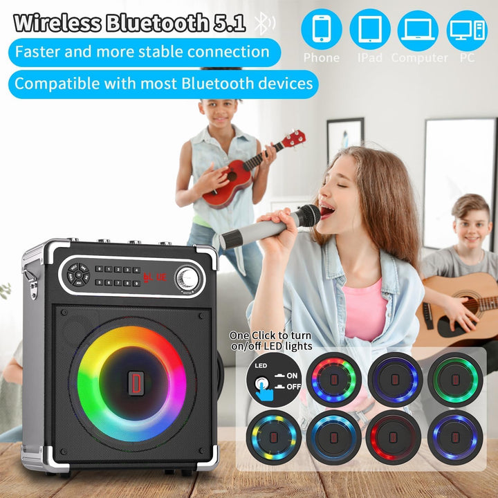 Karaoke Anlage mit 2 Mikrofonen, Tragbarer Kabelloser Lautsprecher Party Musik Box mit LED-Leuchten,