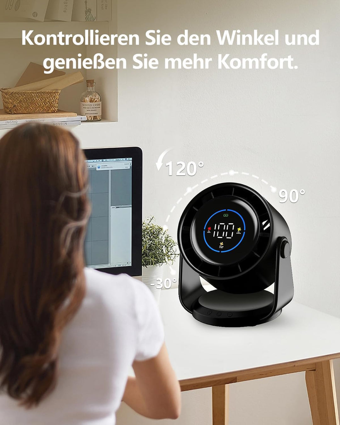Tischventilator, USB Ventilator mit 100 Geschwindigkeitsstufen 105° Schwenkfunktion LED Display mit