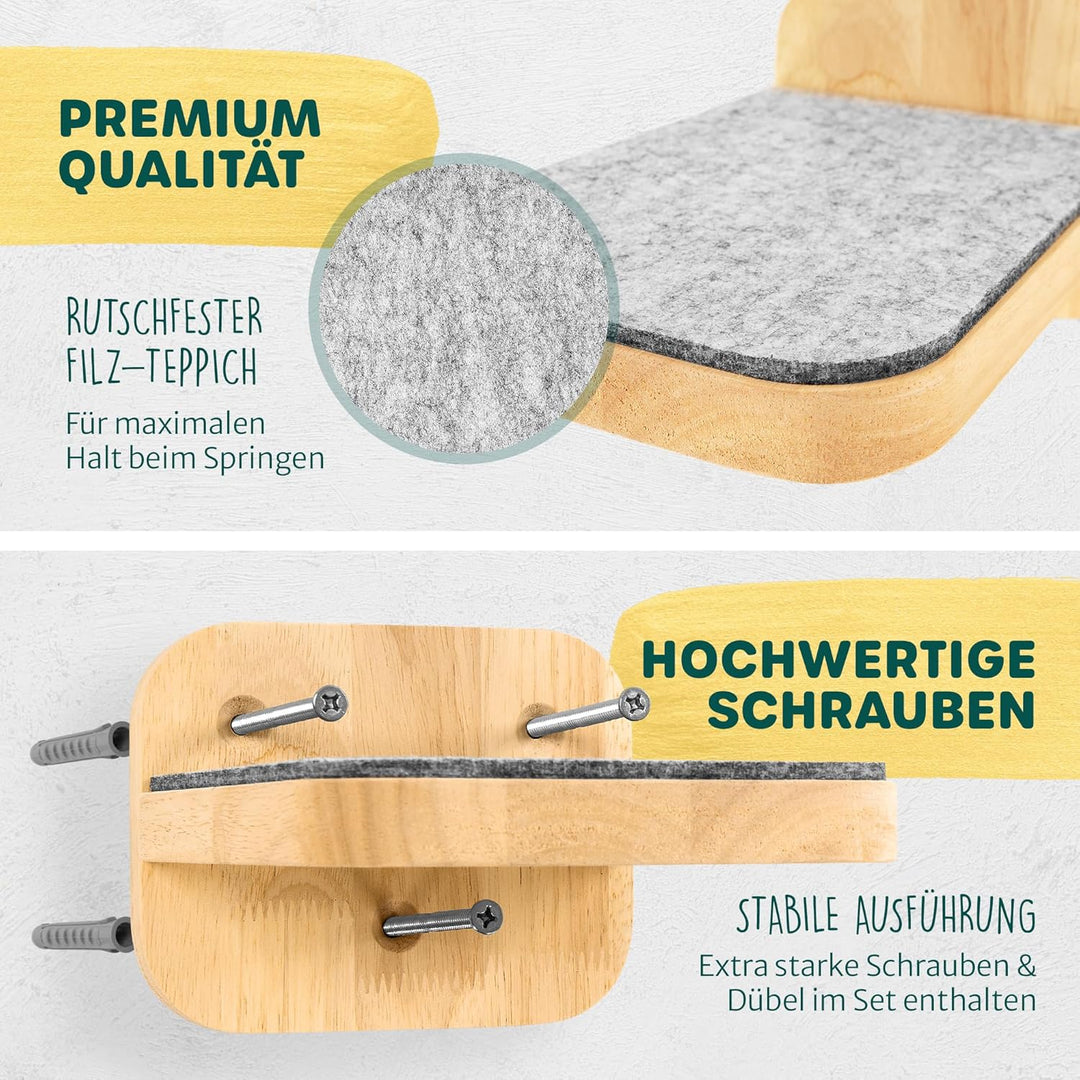 HAPPYPET Katzentreppen 3er-Set für Wandmontage - Nachhaltiges Hartholz, Designer Kletterwand Katzen,