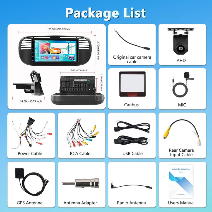 4GB+64GB Autoradio für FIAT 500 2007-2015 Radio mit Carplay/Android Auto, 7 Zoll Bildschirm Car Ster