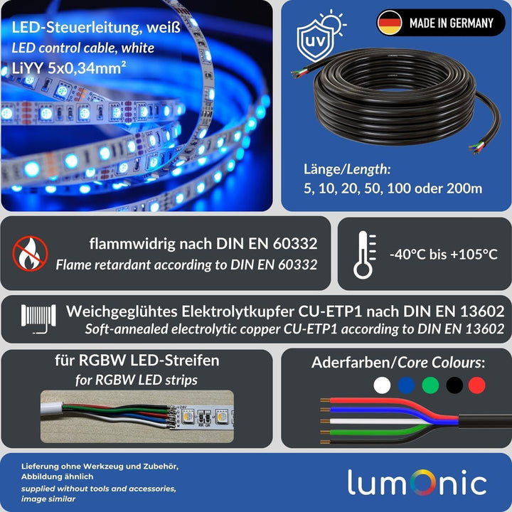 Lumonic 5x 0,34mm² RGBW LED Steuerleitung schwarz 100m I ummanteltes 5 adriges Kabel flexibel I Gesc