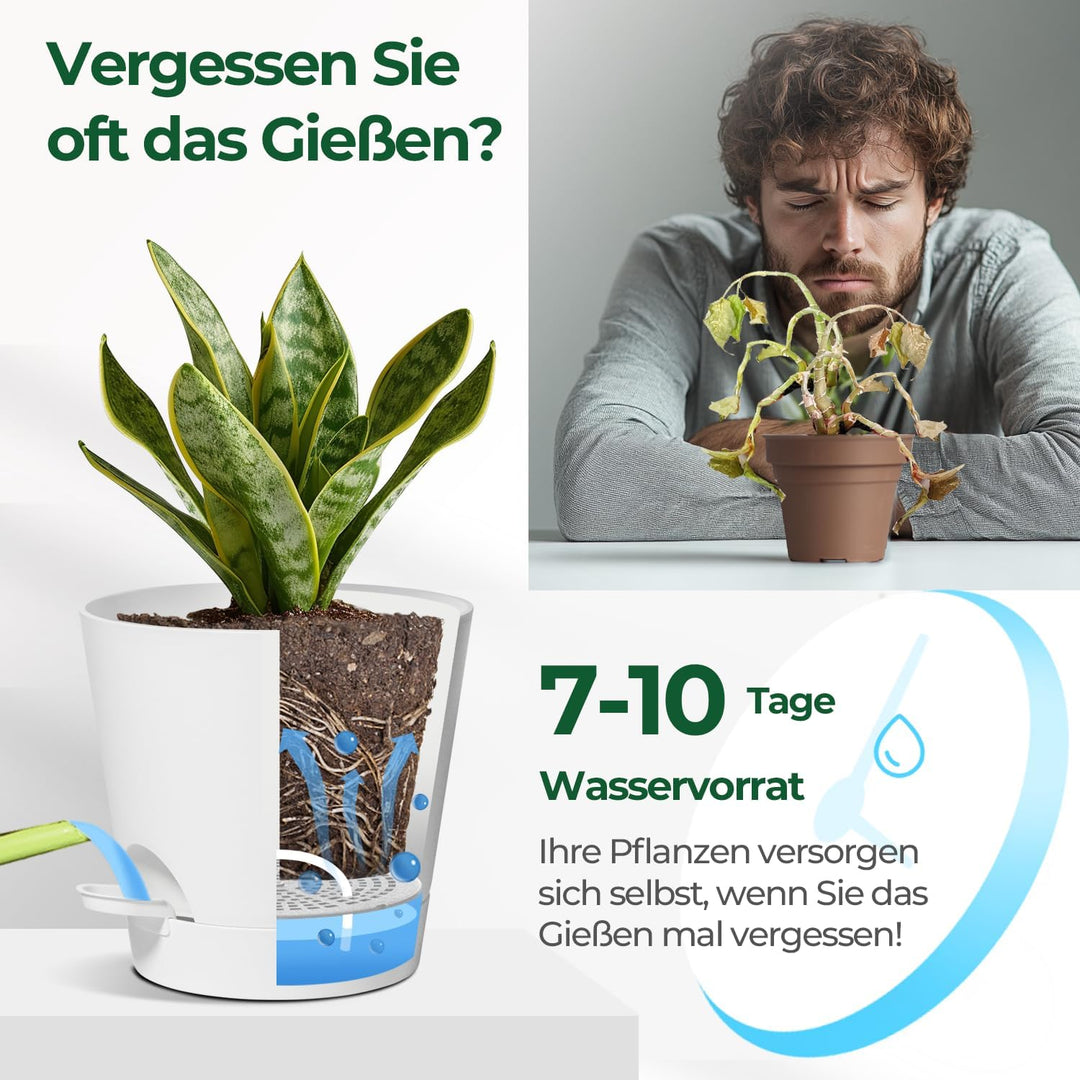 T4U 16,5cm Kunststoff Blumentopf mit Bewässerungssystem, 6er-Set Selbstbewässerung Übertopf mit Unte