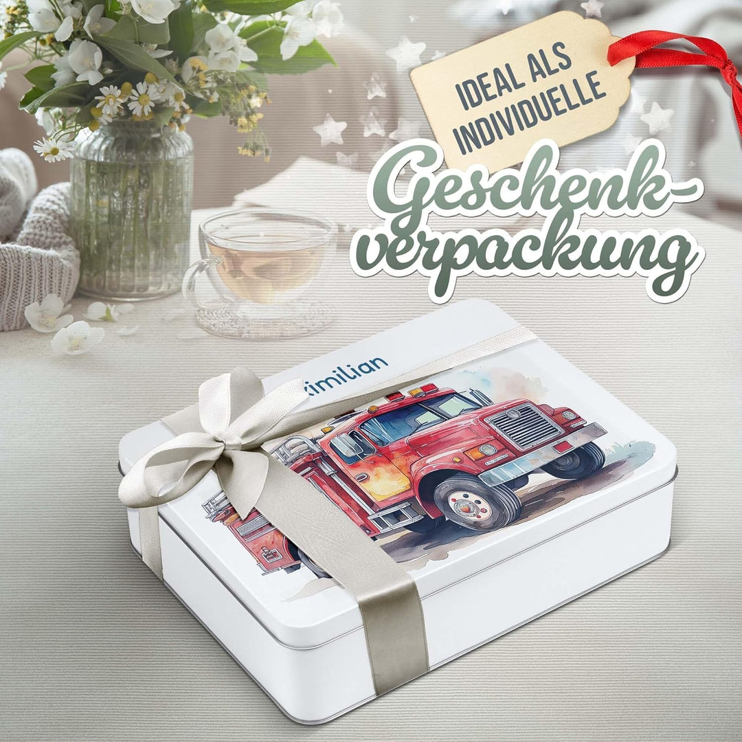 Print Royal PR Erinnerungsbox für Kinder mit Name - Feuerwehr - Blechdose bedrucken, Geschenkdose -