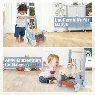 GOPLUS 2 in 1 Lauflernwagen, Lauflernhilfe Holz mit Werkzeugspielzeug, Multifunktionszentrum für Bab