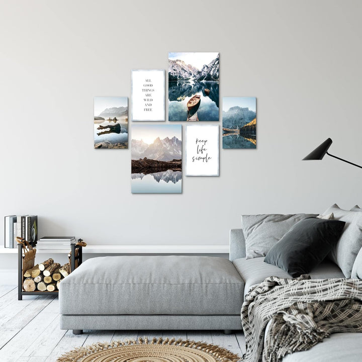 Novart Bilder Set - AUFHÄNGFERTIG - KEIN EXTRA RAHMEN BENÖTIGT - See Berge blau Modern Natur - Wohnz