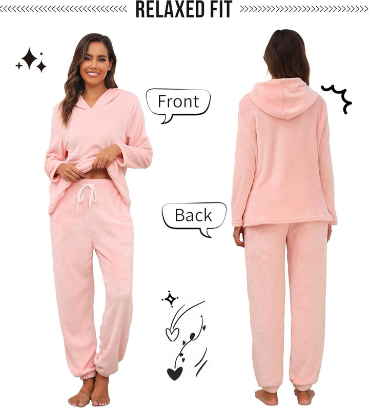 Lovasy Fleece Schlafanzug Damen Lang Winter Warmer Pyjama Set Flauschiger Frottee Schlafanzüge für D