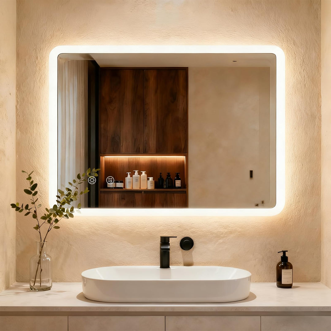 Clevich Badspiegel mit Beleuchtung 80×60 cm, LED Spiegel mit 3 Lichtfarben dimmbar, gehärtetes Glas