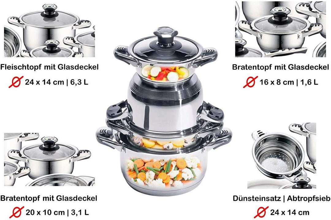 RL 16 TLG. Edelstahl Topfset Töpfe Kochtöpfe Kochtopf Topf Set Pfannen Kochgeschirr (Glasdeckel)