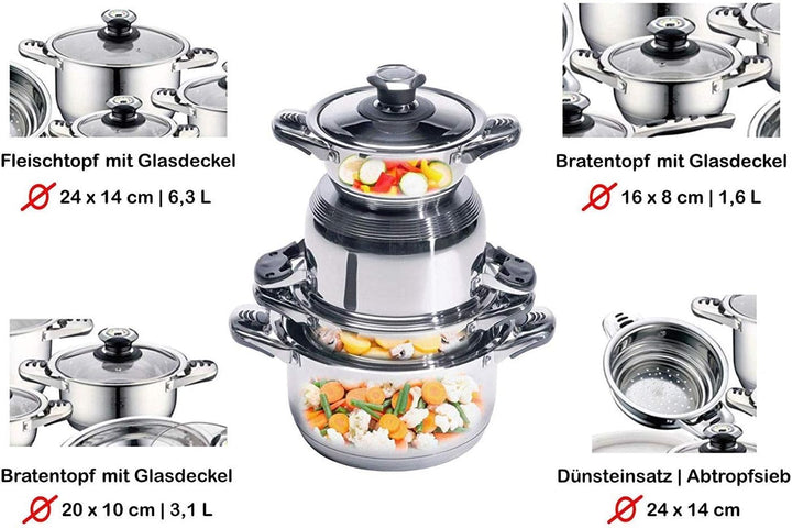 RL 16 TLG. Edelstahl Topfset Töpfe Kochtöpfe Kochtopf Topf Set Pfannen Kochgeschirr (Glasdeckel)