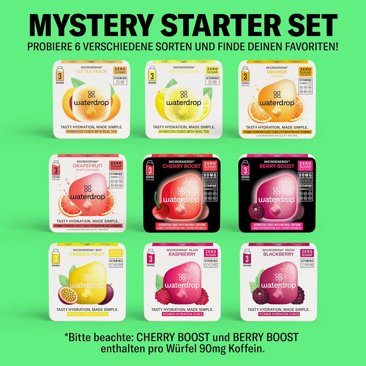 waterdrop® Starter Set Glass – Trinkflasche – 18 zuckerfrei Getränkewürfel zum Auflösen – 6 fruchtig