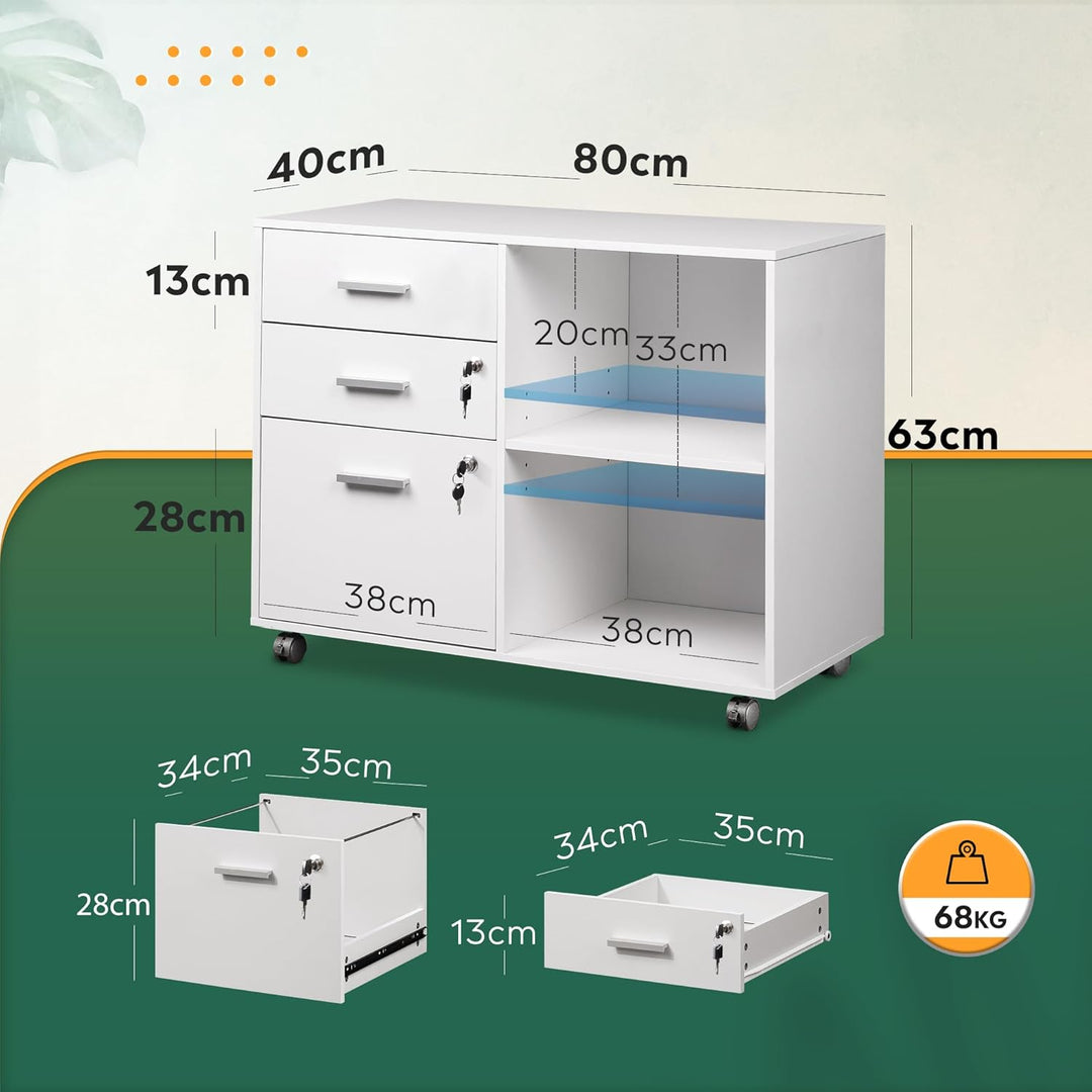 DEVAISE Rollcontainer mit 3 Schubladen und offenen Ablagen, Mobiler Aktenschrank mit Rollen, Drucker