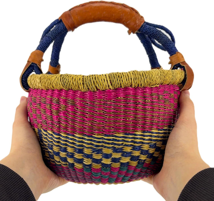 Kleiner Bolga Rundkorb Korb Original Afrika Ghana Einkaufskorb Ledergriff Fair Trade Ca : 20cm