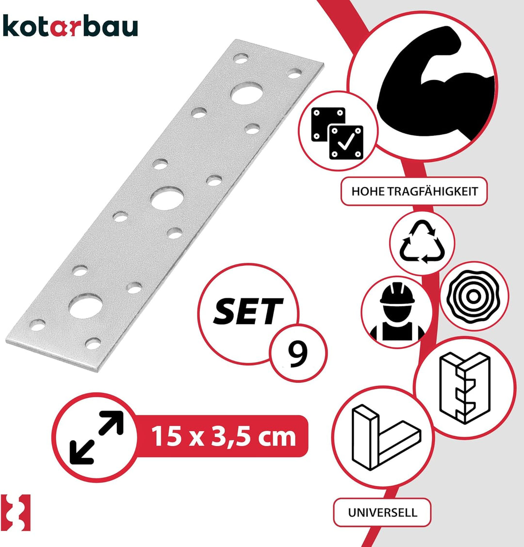 KOTARBAU® 9er Set Flachverbinder 150 mm x 35 mm Lochplatte Verzinkt Silber Holzverbinder Innen – Aus