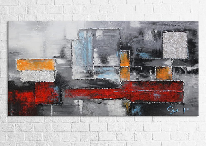 YS-Art Abstrakt Acryl Gemälde auf Leinwand Abstraktion in rot-grauen Farben handgemalt Wandbilder Wo