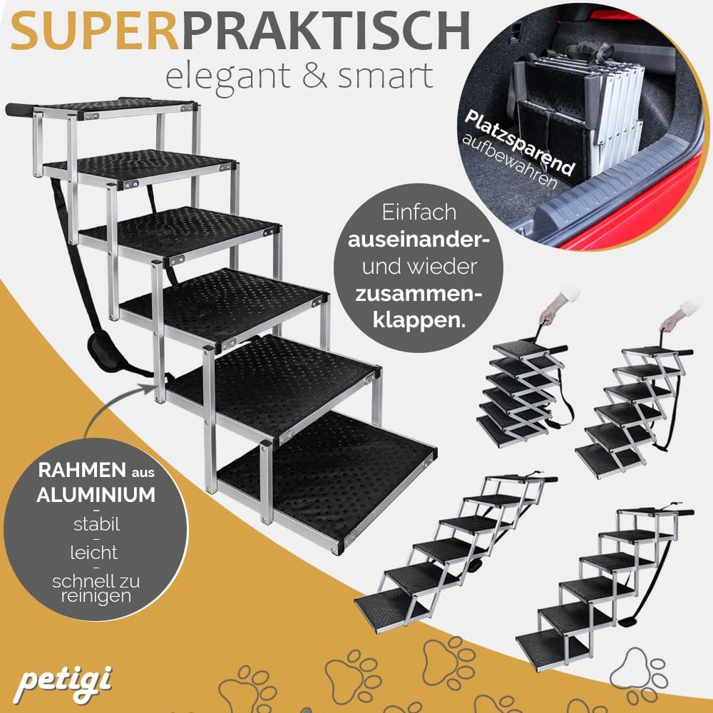 Petigi Hundetreppe für Auto klappbar Hund Anti Rutsch Einstiegshilfe faltbar 6 Stufen Hundeleiter 70