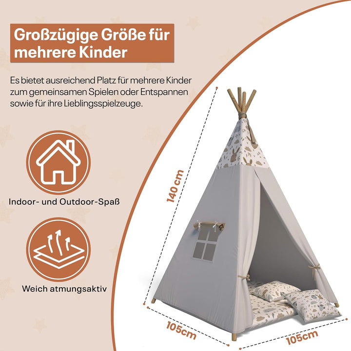 Best For Kids Spielzelt Tipi Zelt Indianer Wigwam für Kinder mit Zubehör (Grau Tierchen), Grau Tierc