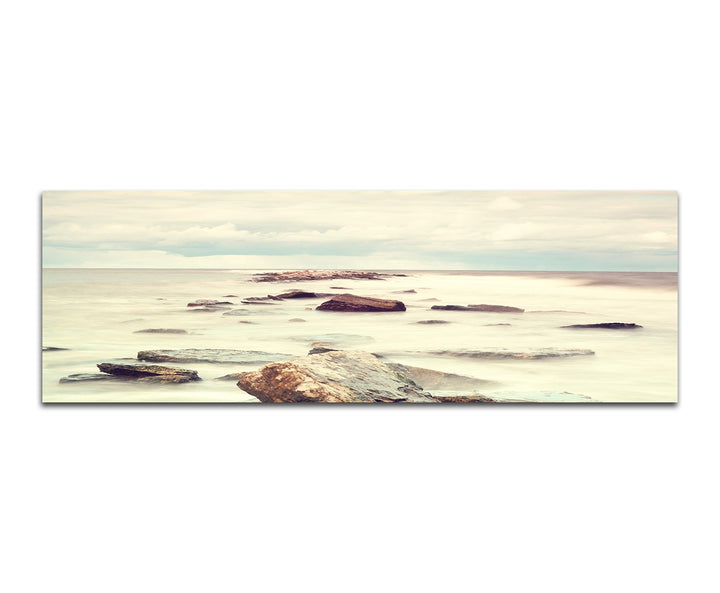 Paul Sinus Art Panoramabild auf Leinwand und Keilrahmen 150x50cm Meer Steine Nebel Wolken