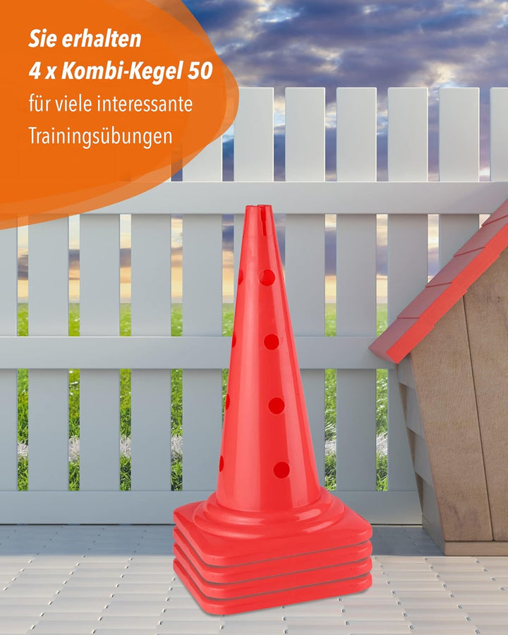 Kombi Kegel 50 cm – 4 im Set – Parcours-Hindernis für Agility-Training – Sprung- & Slalom-Hütchen fü