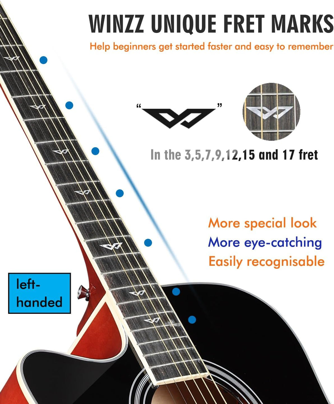 Winzz 4/4 Elektro-Akustische Gitarre, Linkshänder Westerngitarre Set Erwachsene Anfänger, Akustikgit