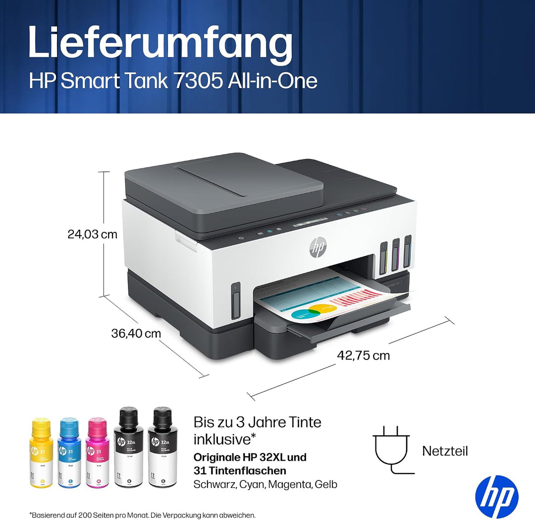 HP Smart Tank 7305 3-in-1 Multifunktionsdrucker, 30€ Cashback, (WLAN; Duplex; ADF) – 3 Jahre Tinte i