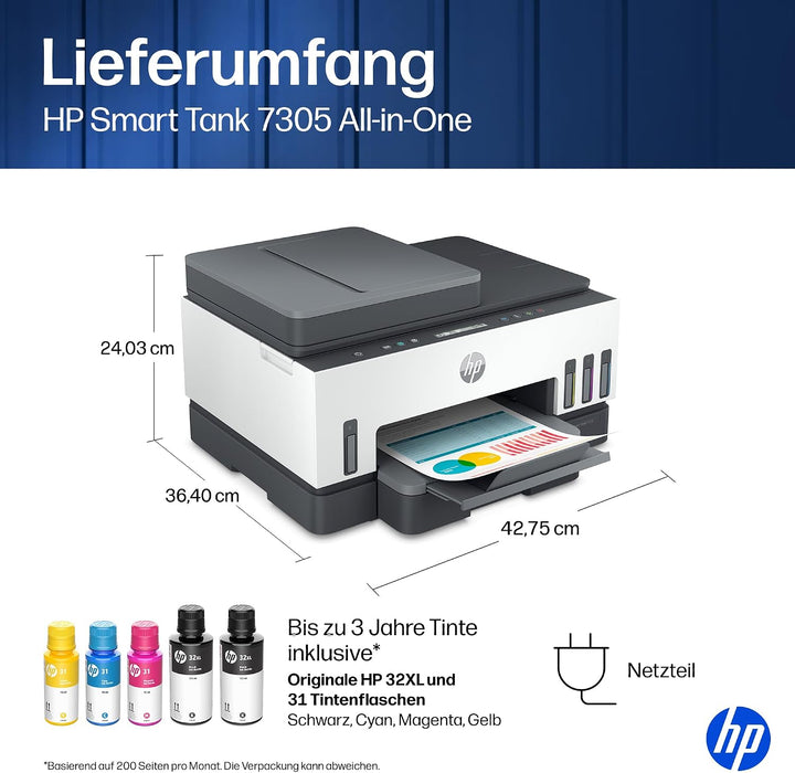HP Smart Tank 7305 3-in-1 Multifunktionsdrucker, 30€ Cashback, (WLAN; Duplex; ADF) – 3 Jahre Tinte i