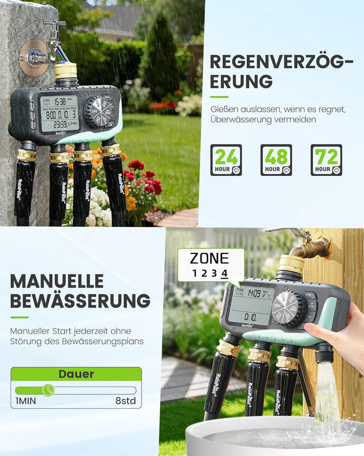 RAINPOINT Bewässerungscomputer 4 Ausgänge, Messingeinlass, IP65 Wasserdicht Wasserzeitschaltuhr mit